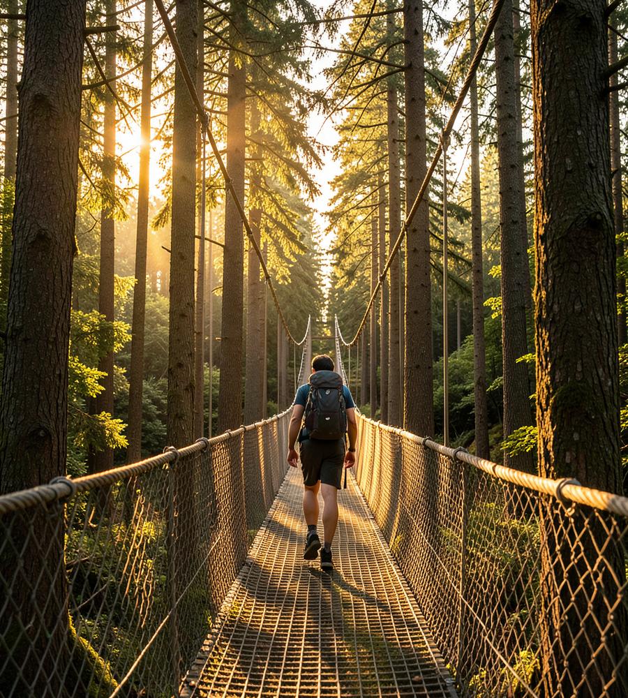 Traveller on a forest canopy bridge