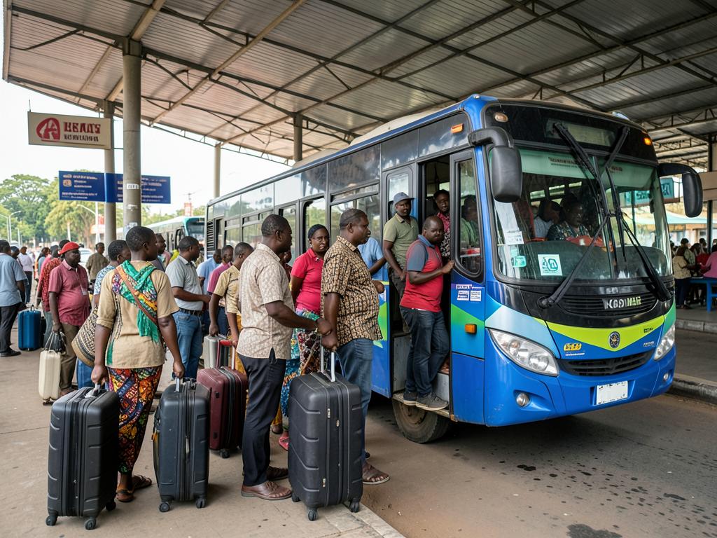 Travellers boarding a coach in Rwanda